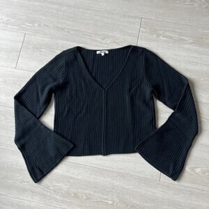 Madewell Ribbed Vneck Sweater XL Fits Smaller Merino Wool Black Flare Sleeves